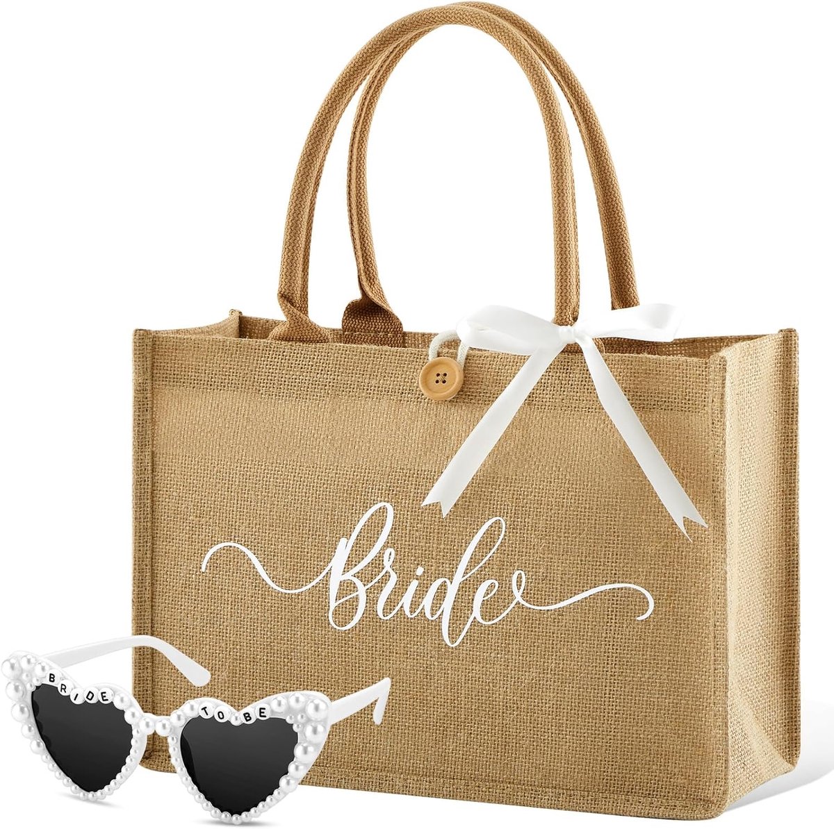 Weewooday Set of 2 Pieces Bridal Gifts Jute Tote Bag for Bride To Be Heart Shaped Sunglasses JGA Bridal Bag with Strap - ShopVlot