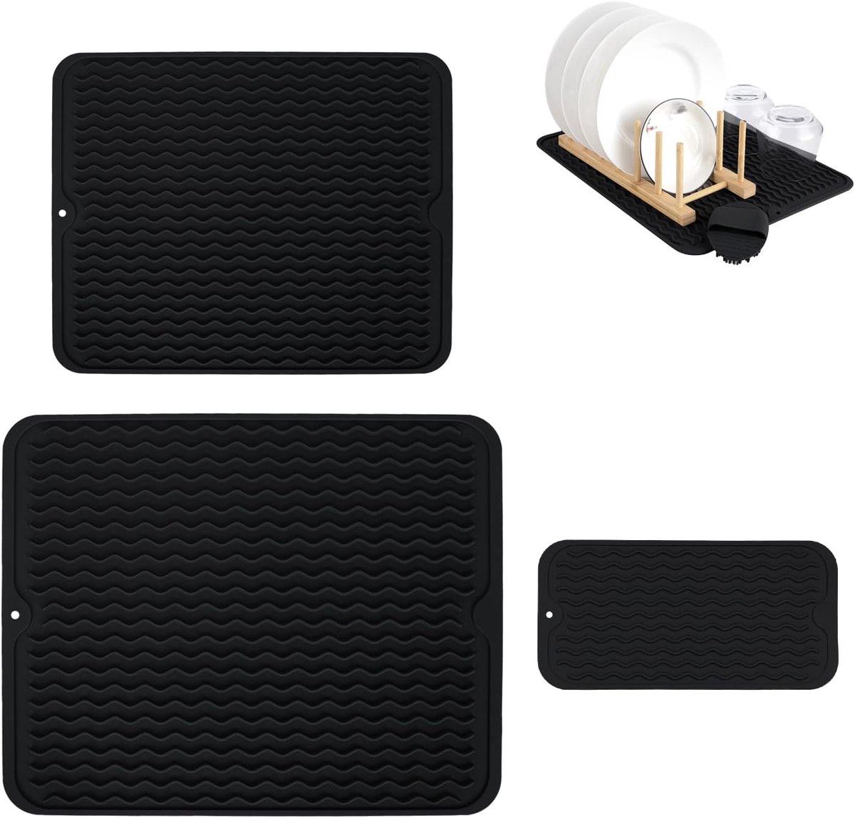 3 Pcs Silicone Dish Mats, Non Slip Kitchen Drying Mat Set, Drainer Mat for Countertop Black - Small Middle Large Size - ShopVlot