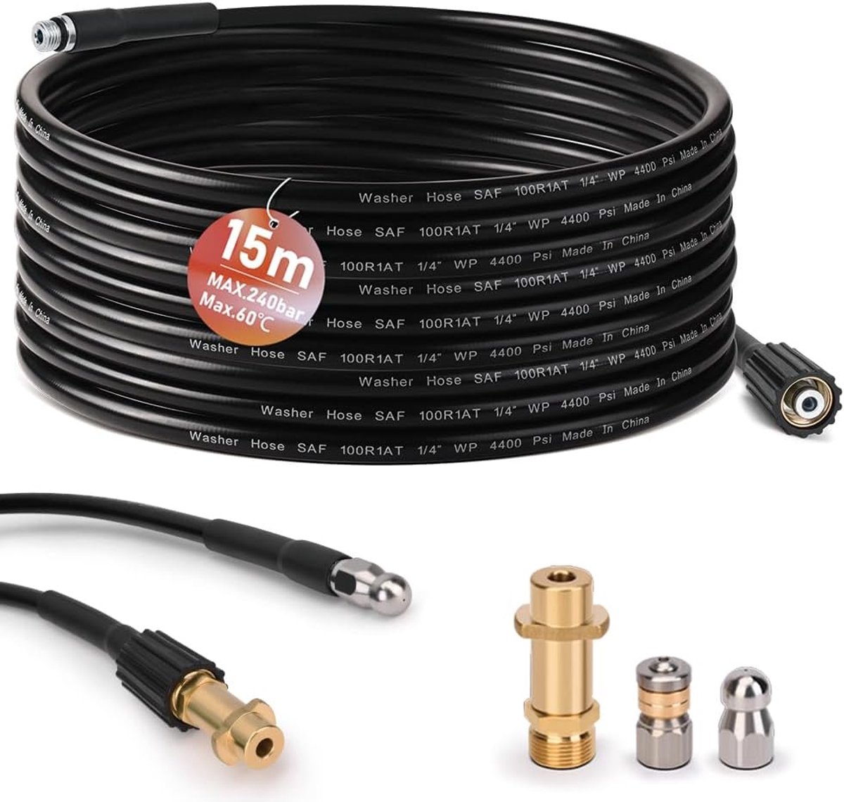 Pipe Cleaning Hose 15 m with M22 Adapter, Nozzles Rigid + Rotary, 240 Bar 140 °F Pipe Cleaning Kit Suitable for - ShopVlot