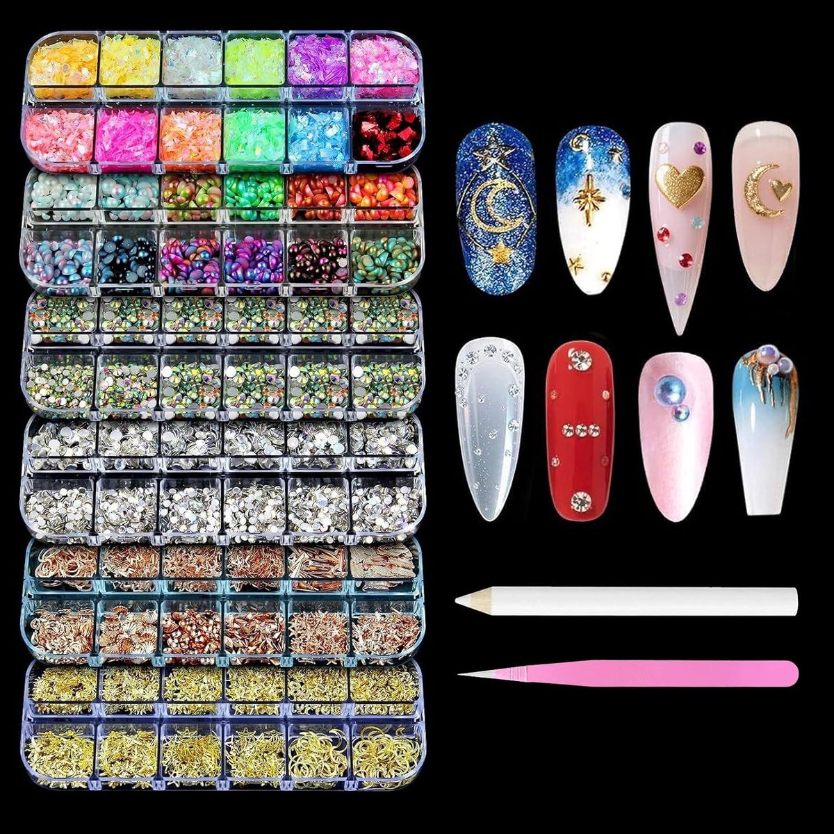 6000+ pieces nail art rhinestones & 3D charms kit, 6 boxes 72 grids professional bedazzling gemstones set with - ShopVlot