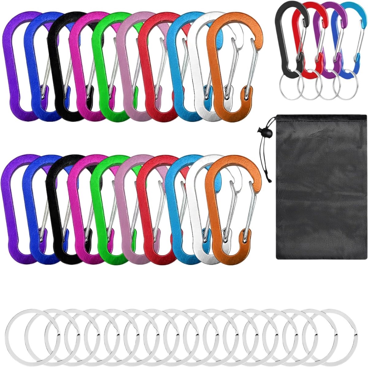 Karabijnhaken, 20 stuks, kleine aluminium karabijnhaken met sleutelringen, outdoor sleutelhanger met opbergtas voor - ShopVlot