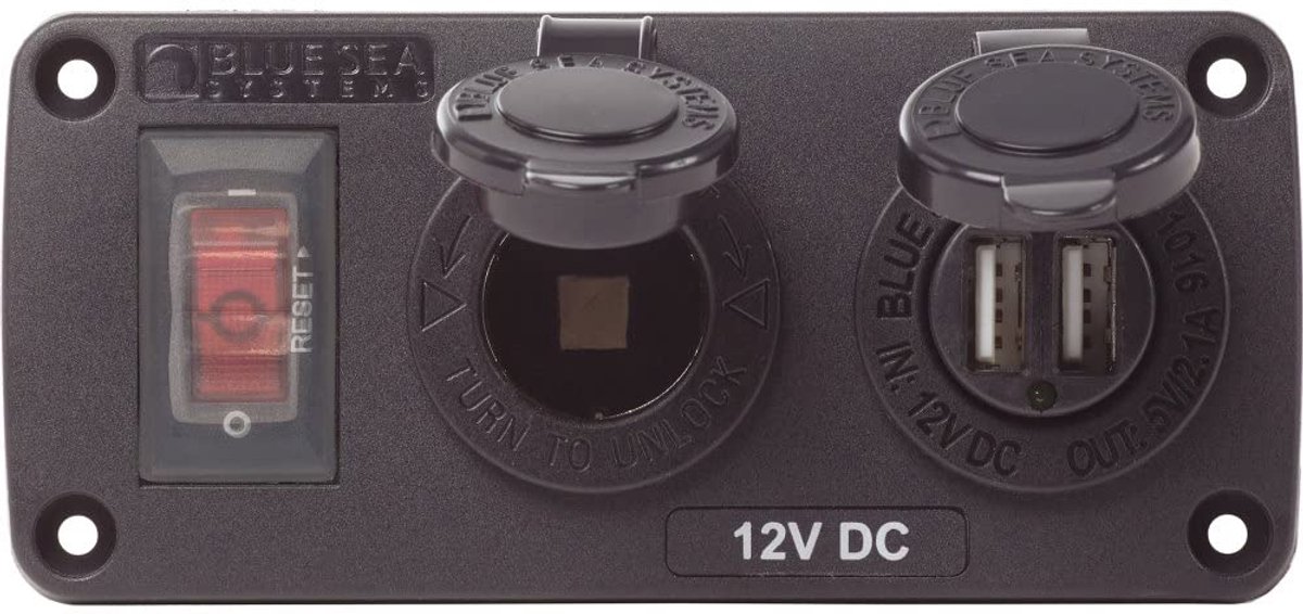 Blue Sea Systems Blue Sea 4363 Waterproof USB Accessory Panels, 15A Circuit Breaker, 12V Socket, 2.1A Dual USB Charger - ShopVlot