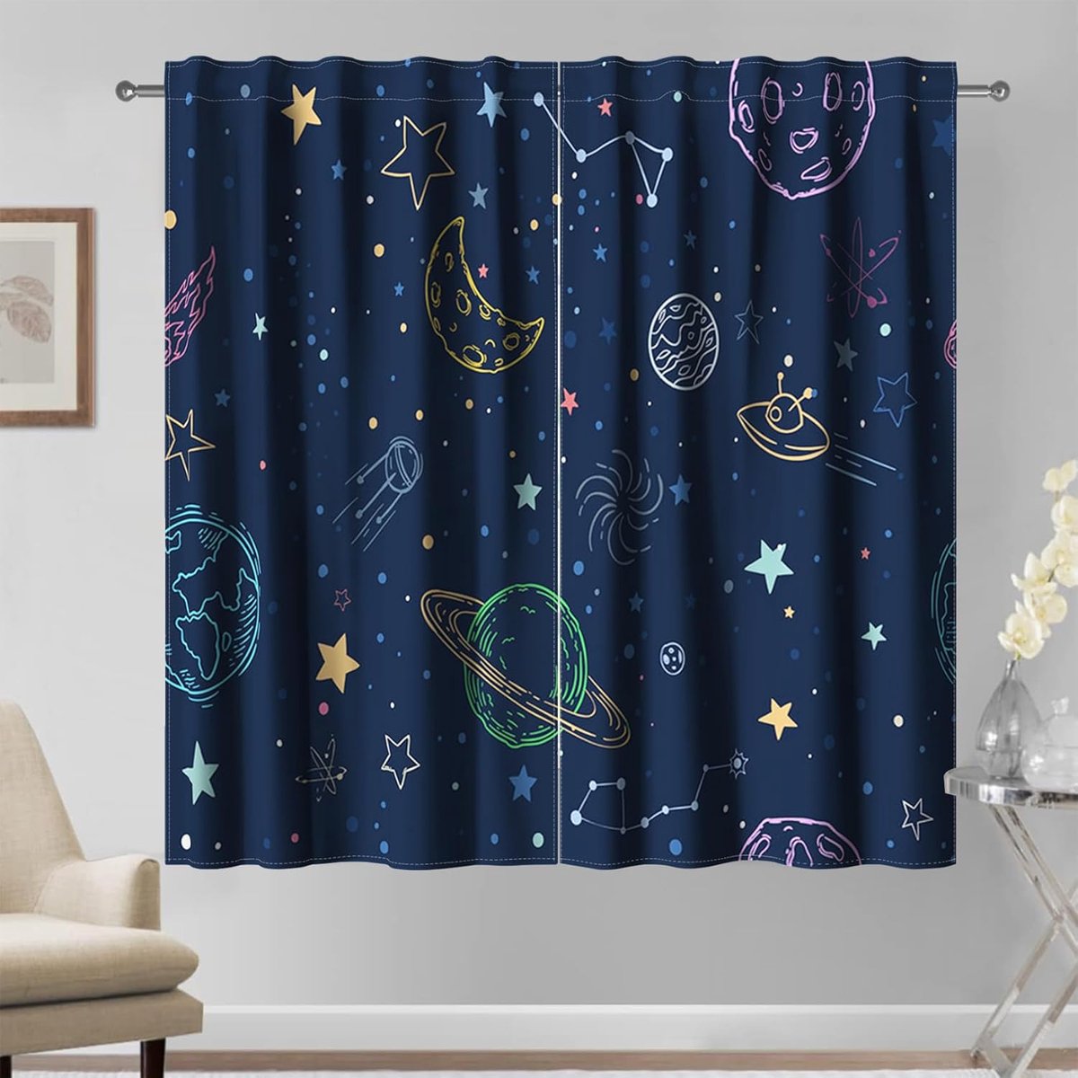 117x138cm Night Sky Curtains 2 Panels, Dark Blue Universe Moon Stars Space Galaxy Planets Meteor Constellation UFO - ShopVlot