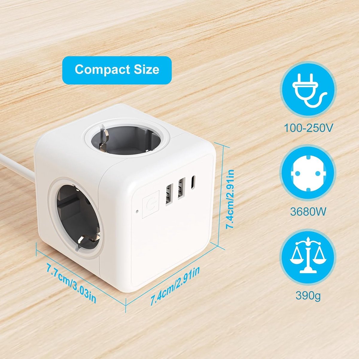Stekkerdoos 7-in-1 met kabel van 1,5 m - kubus vorm - 1 USB-A en 2 USB-C - ideaal voor thuis en op kantoor - ShopVlot