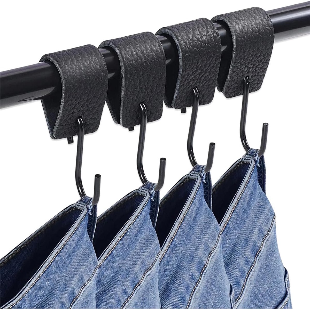 Black S Hooks with Leather Loop, 4 Pieces Metal Clothes Hooks, Multi-Purpose Hooks for Kitchen, Bathroom Wardrobe - ShopVlot
