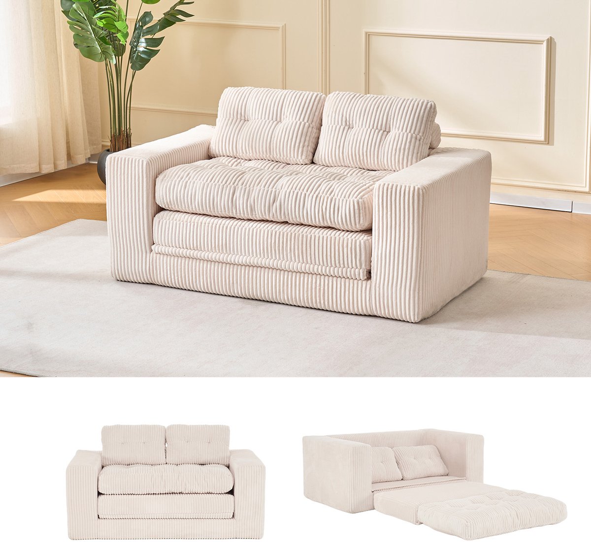 COVREO Slaapbank 140 x 85 x 54 cm beige, stof met 2 zitplaatsen