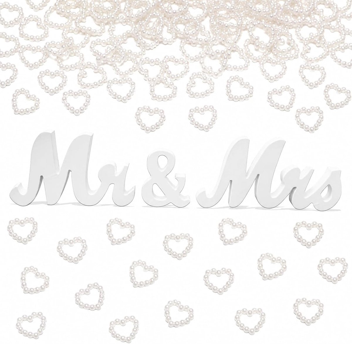 Hout Mr & Mrs decoratie bruiloft met 150 stuks crèmewitte parels harten strooidecoratie, bruiloftsdecoratie tafel - ShopVlot