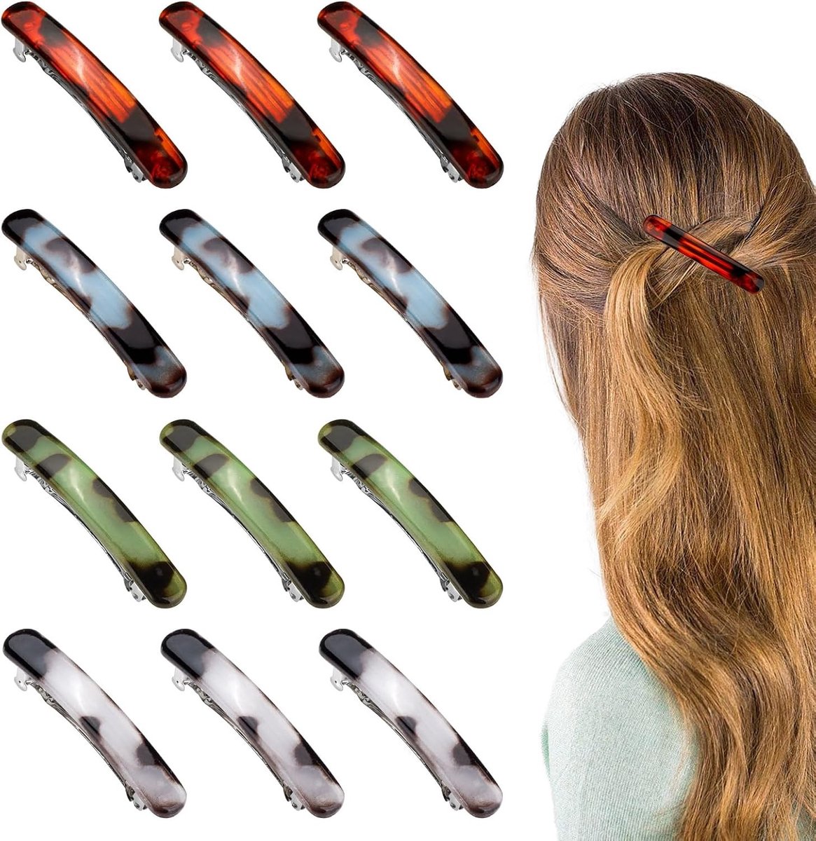 Set van 12 Franse Haarclips voor Vrouwen, Automatische Haarspeldjes voor Fijn en Dik Haar, 6.3cm Schildpadvormige Kleine Haaraccessoires in 4 Kleuren