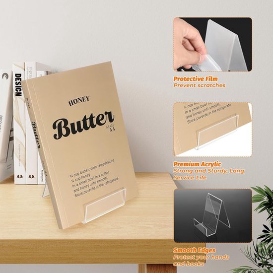 Acryl boekenstandaard die een bruin boek met "HONEY Butter" erop weergeeft, met productdetails.