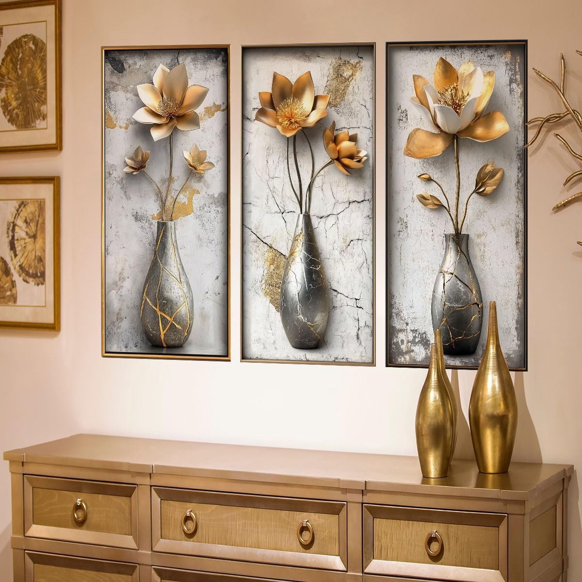 Wanddecoratie 3D Bloemensticker - Gouden Lotusvaas - Peel en Stick - Boho Chic Woondecoratie - ShopVlot
