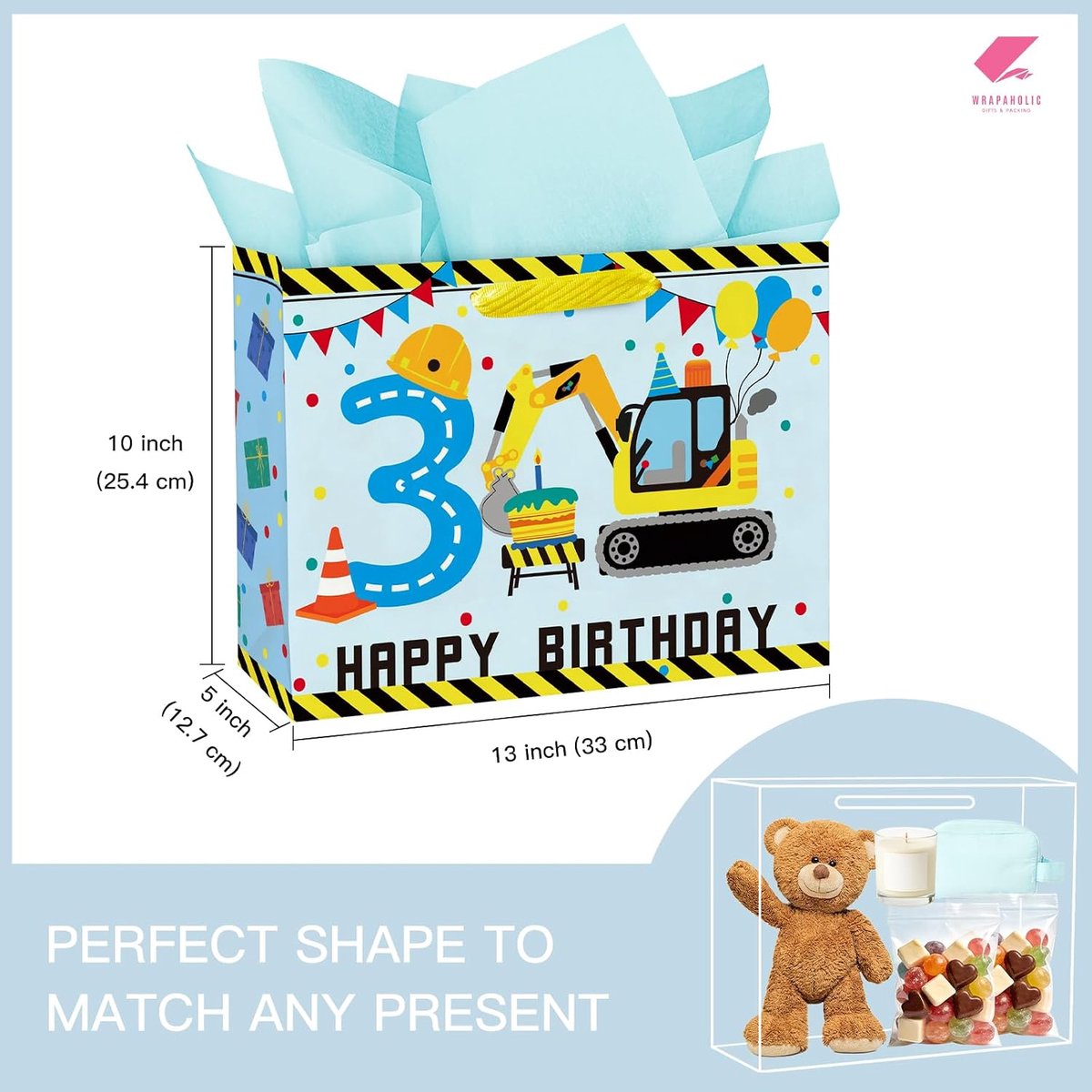 Papieren zak voor verjaardag 13" - bouwmotief - lichtblauw - voor geschenken - ShopVlot