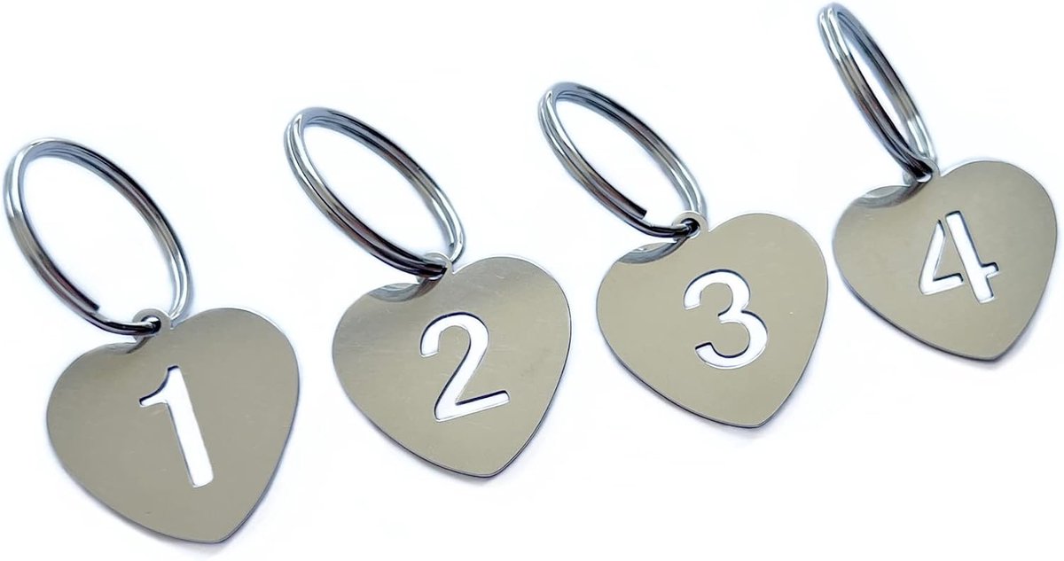 Sleutelhangers hartvormig - roestvrij staal - met nummer ID-tags 1 t/m 20 - ideaal voor organisatie - ShopVlot