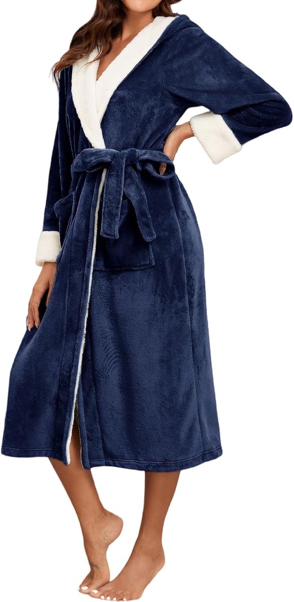 Ladies Hooded Fleece Bathrobe Winter Warm Fluffy Sherpa Bathrobe for Spa Shower Plush Long Dressing Gown Bathrobe Cozy - ShopVlot