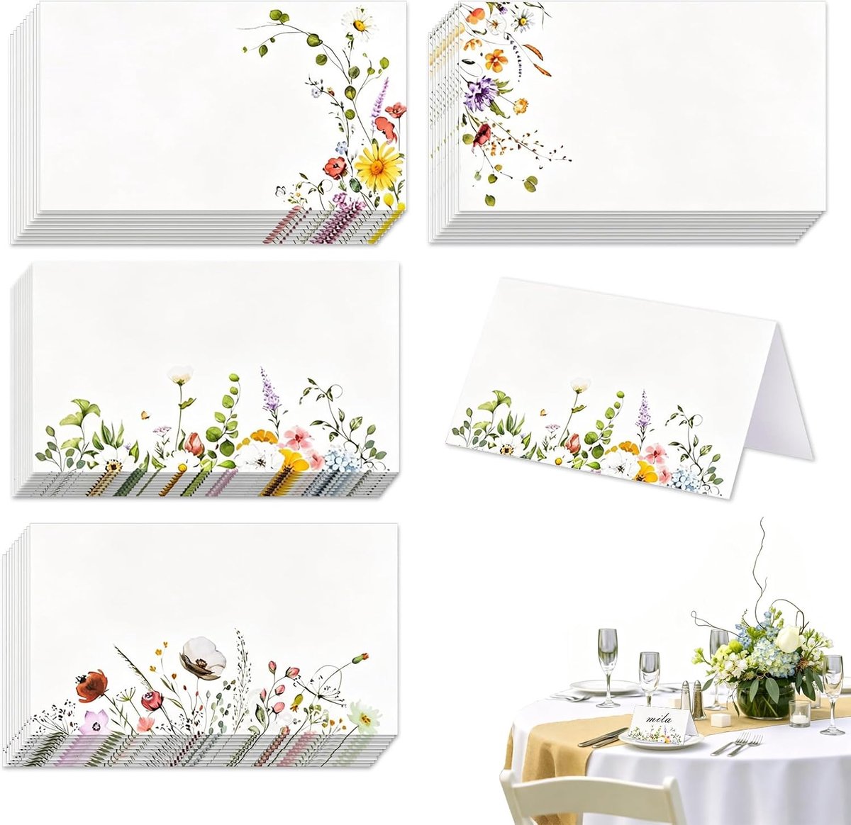 Plaatskaartjes bruiloft met bloemen, 40 stuks in 4 ontwerpen, opvouwbare naamkaartjes van 300 g/m² papier, 8,9 x 5,1 - ShopVlot