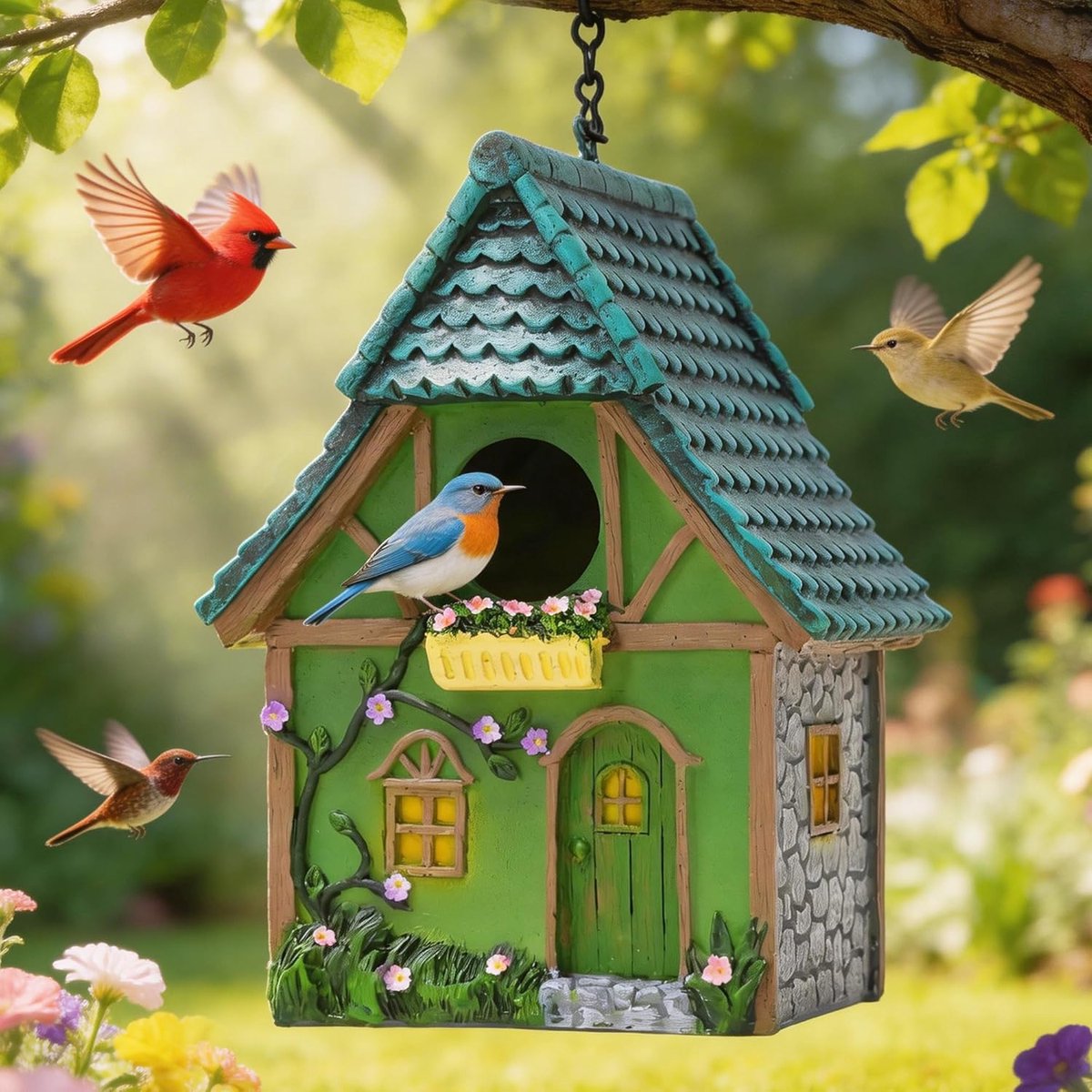 Attivolife Bird Houses for Outdoor Outdoor Garden Bird House Hanging Waterproof Resin with Flower and Stone Nesting - ShopVlot