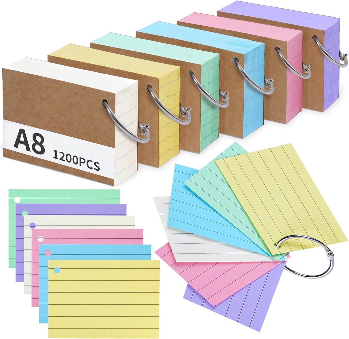 1200 indexkaarten, A8, gelinieerd, van 180 g/m² verdikt papier, kleurrijk, leerkaarten, dubbelzijdig gelinieerd, 5,2 x - ShopVlot