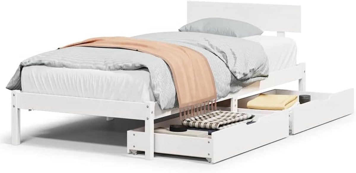 Massief houten bed - Eenpersoonsbed met laden - Ruimte besparen - Twee opberglades - 90 x 200 cm - Wit
