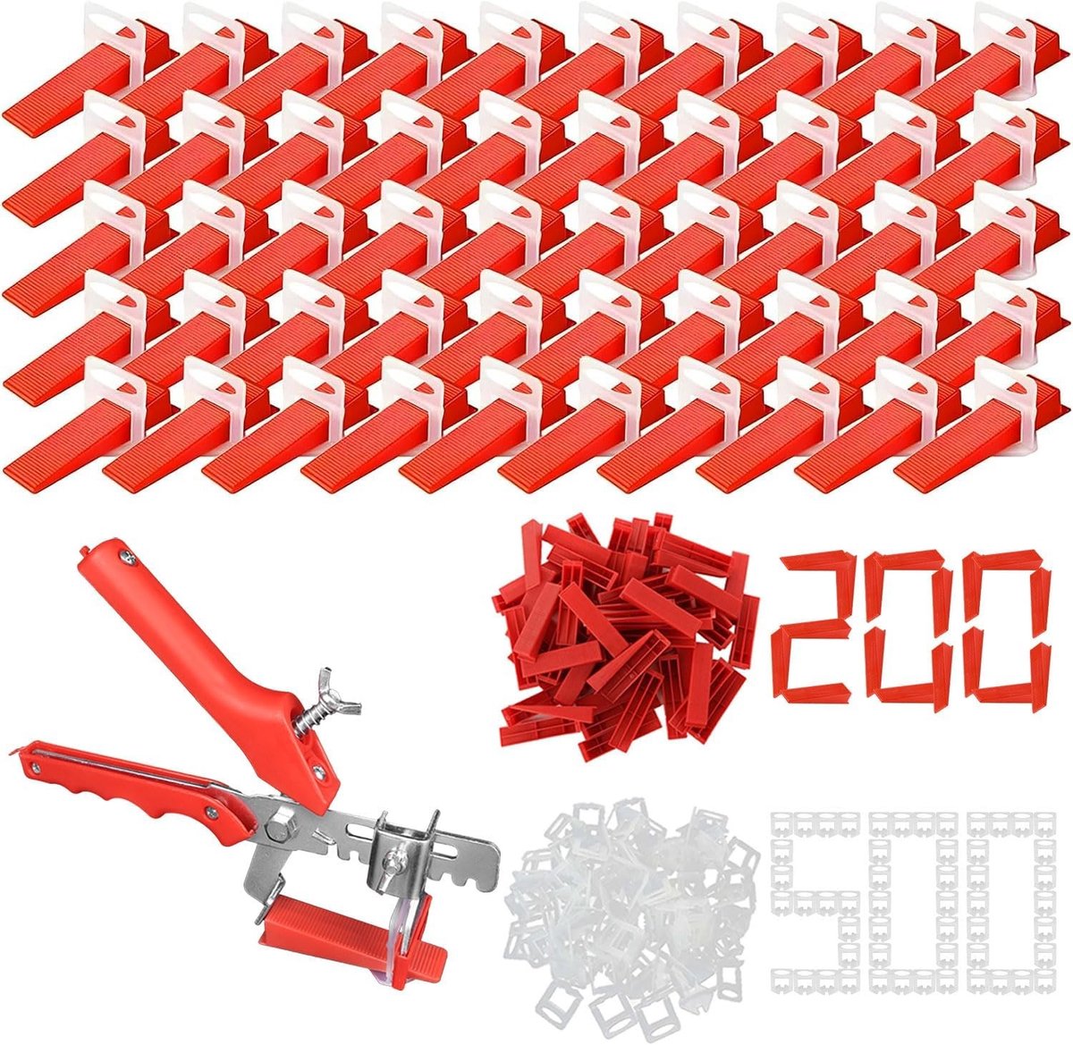 Complete Tegel Nivelering Set met 701 Onderdelen, Inclusief 200 Tegelwiggen, 500 Niveleringselementen en 1 Tang voor Vloer- en Wandtegels