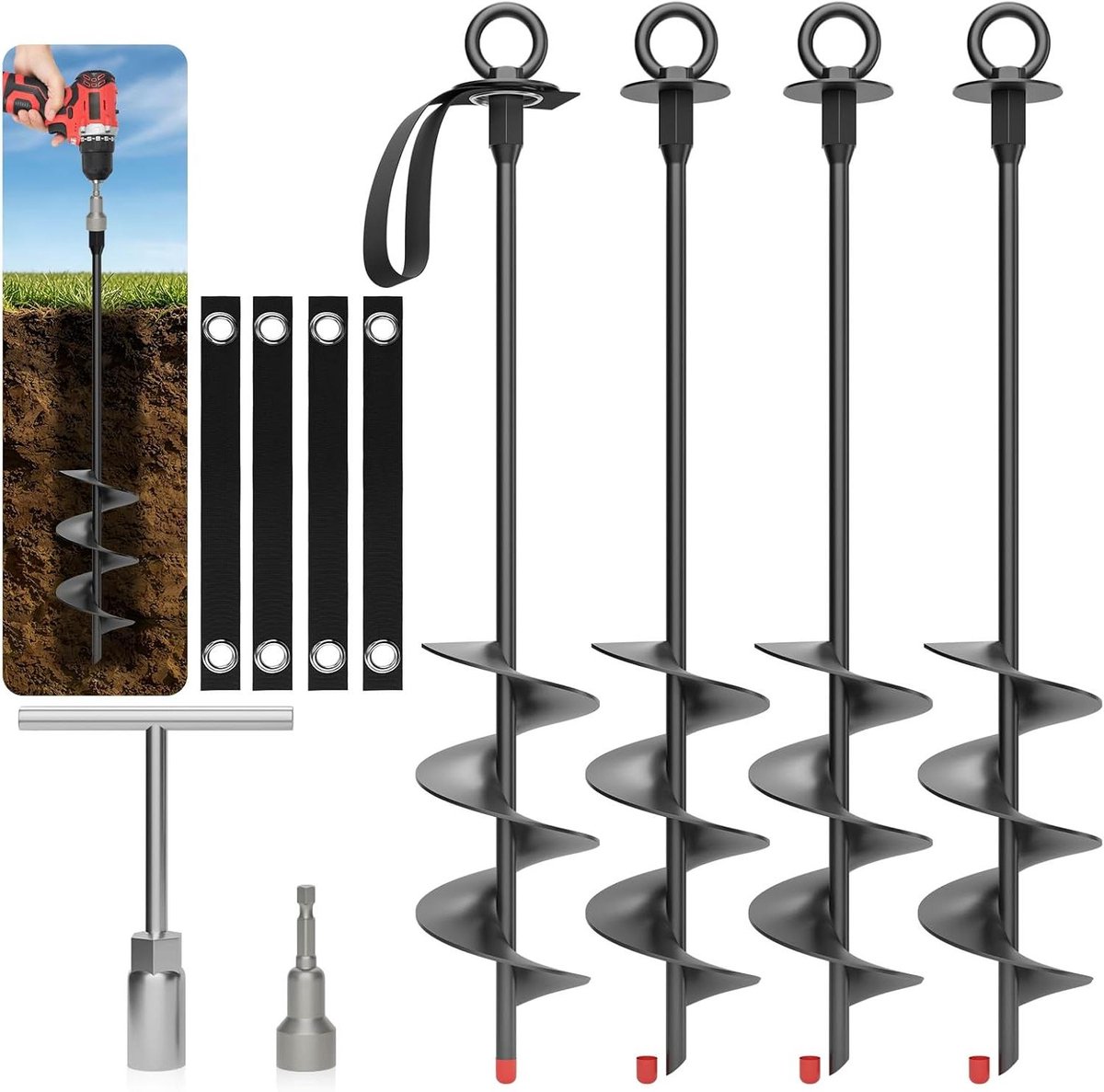 Roestvrijstalen Grondankers - Schroefankers Set - Stabiele Bevestiging - Zwaar Uitgevoerd Staal - 4 Stuks 45 cm - Zwart