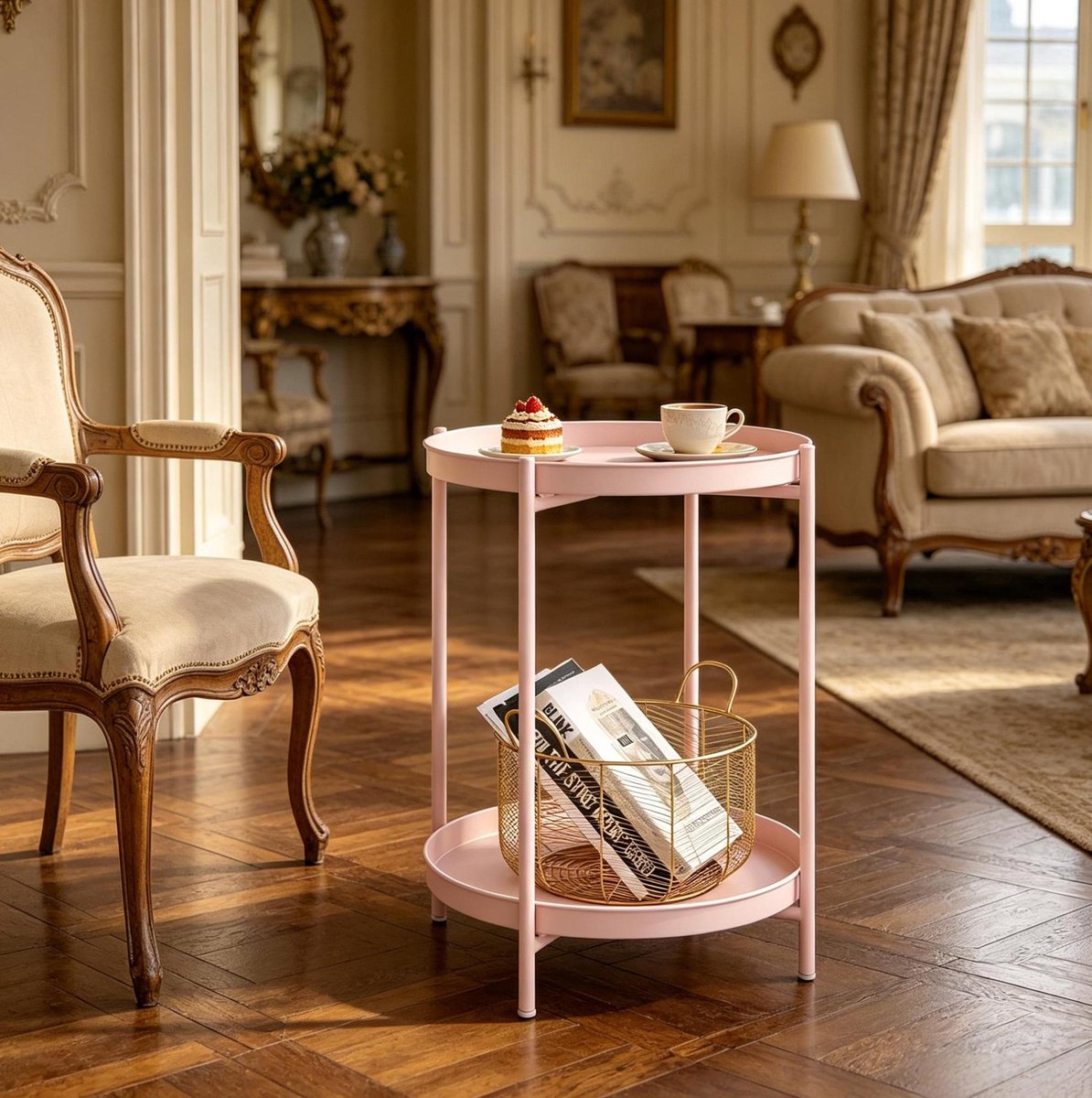 STILVORA Bijzettafel - Ronde Tafel Met 2 Afneembare Opberglagen - Voor Woonkamer Slaapkamer Of Balkon - Metaal - 44x44x53 Cm - Roze Pink