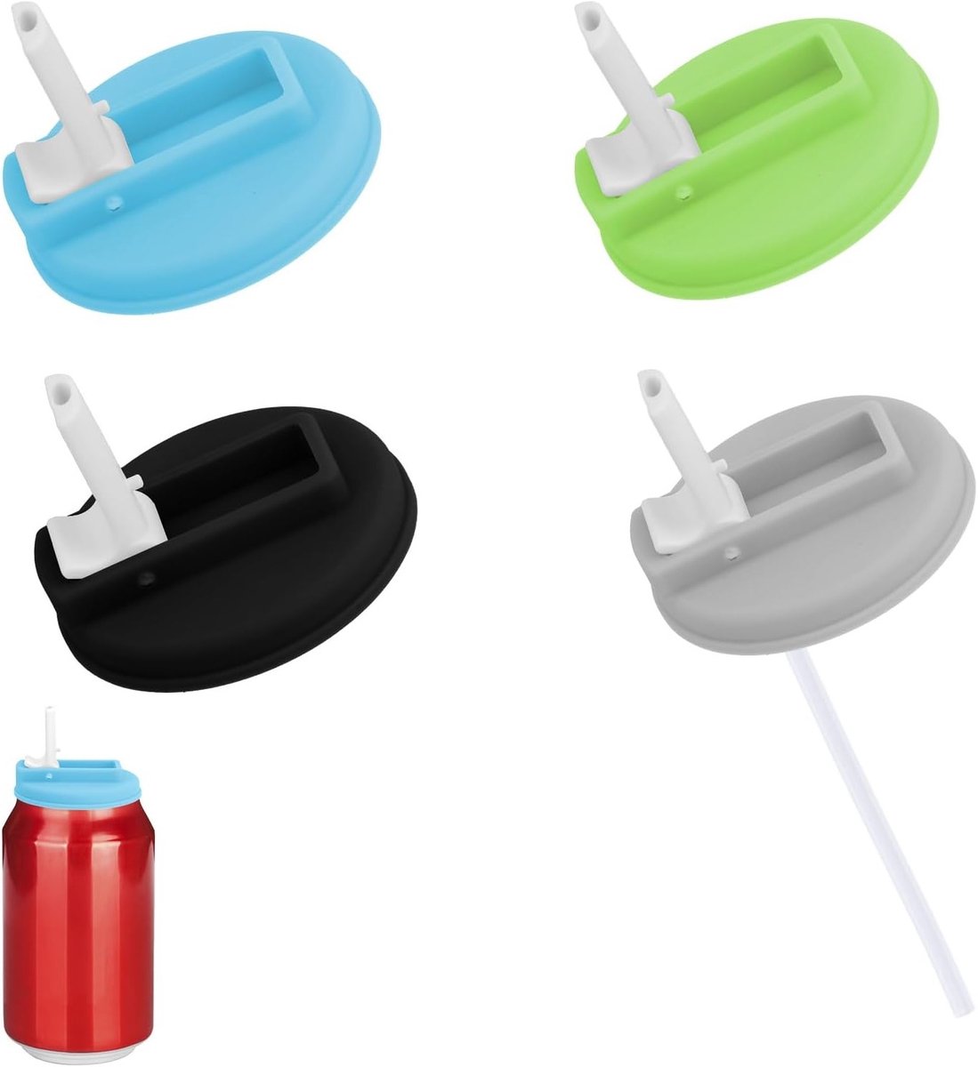 Set van 4 Herbruikbare Siliconen Lids voor Blikjes met Rietjes - Ideaal voor Frisdrank, Bier en Sap