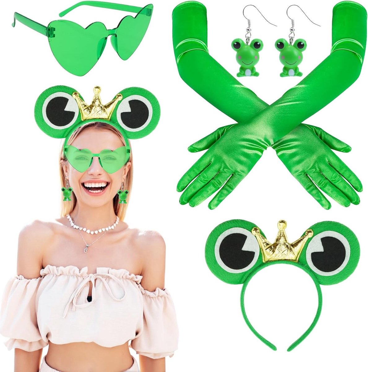 4-delige Kikker Kostuum Accessoires voor Carnaval - Kikker Hoofdband, Bril, Oorbellen en Lange Mouwen Groene Handschoenen voor Feestjes en Thema Party
