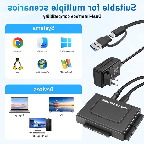 Hard Drive Adapter 6Gbps USB 3.1 naar IDE/SATA voor 2.5/3.5 inch HDD met Voeding en SATA Kabel voor Windows 11/10/8/7/XP/Vista — afbeelding 3