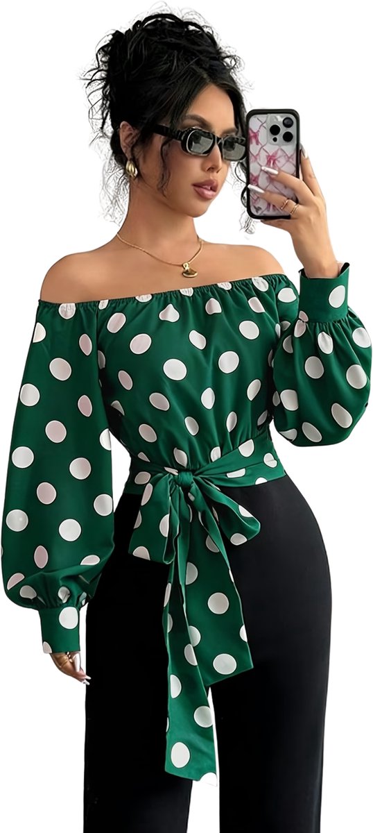 Currero Topje Dames Polkadots - Mouwloze Top - Singlet - Kleding - Shirt - Blouse - Kort - Volwassen - Donkergroen