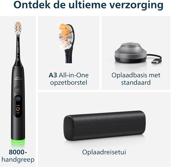 Collage van zwarte elektrische tandenborstel, opzetborstel, oplaadbasis en reisetui.