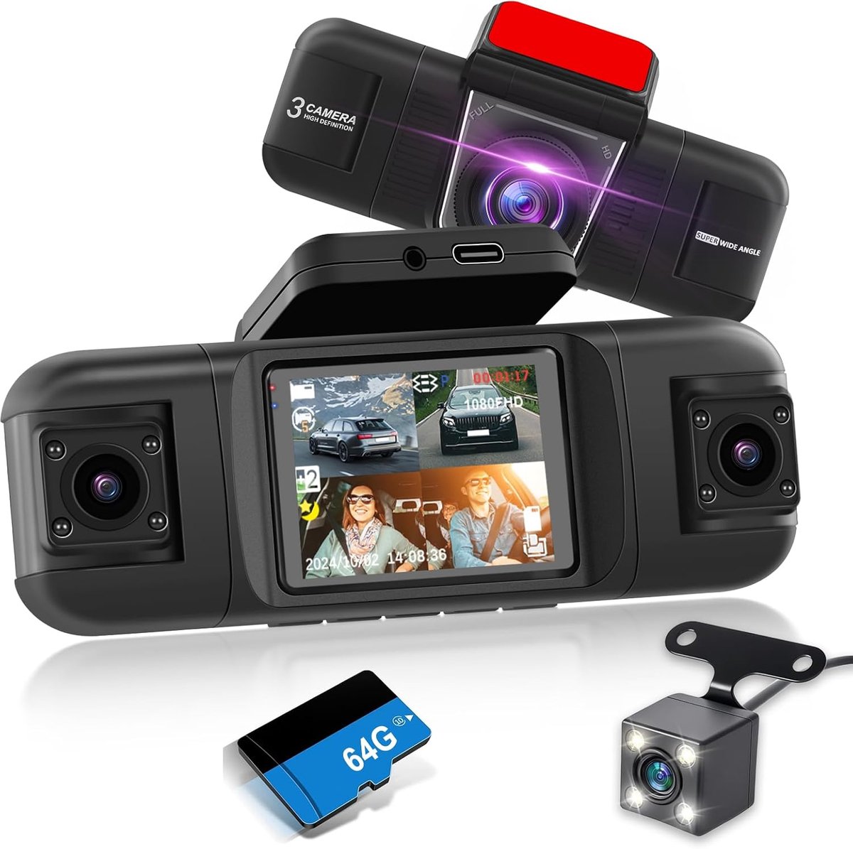 SnelShoppen - 4-kanaals 360° Auto Dashcam - 1080p Voor- en Achtercamera - 2 Inch Scherm - Verstelbare Zijcamera's - IR Nachtzicht - Loop-opname - G-se