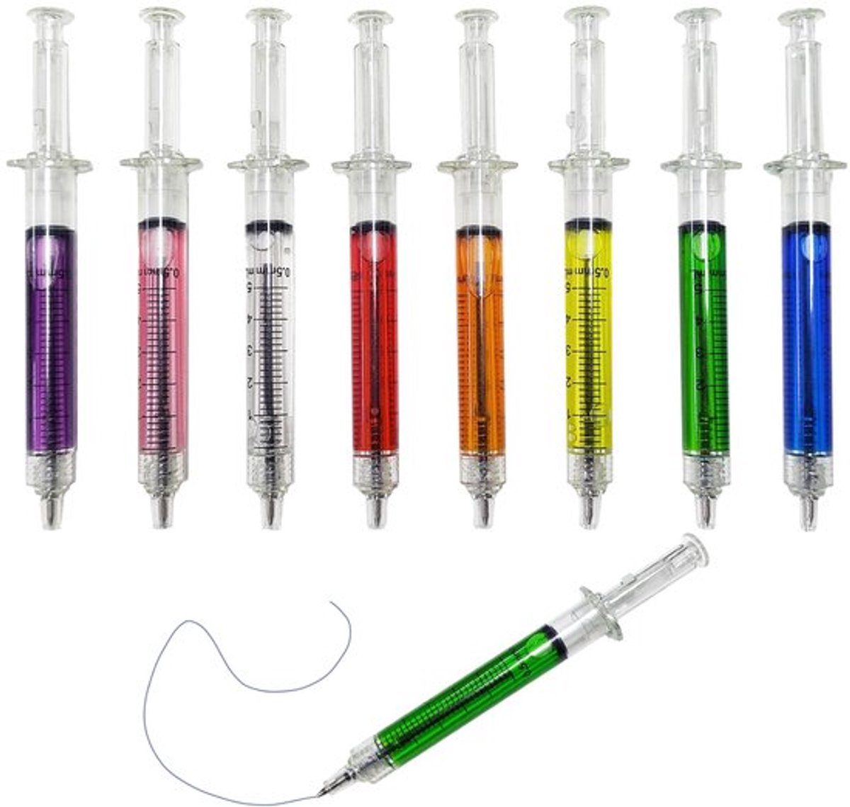 Set van 8 injectiepinnen in verschillende kleuren met zwarte inkt, pennen in spuitvorm, nieuw creatief penbriefpapier, grappige pennen in spuitvorm