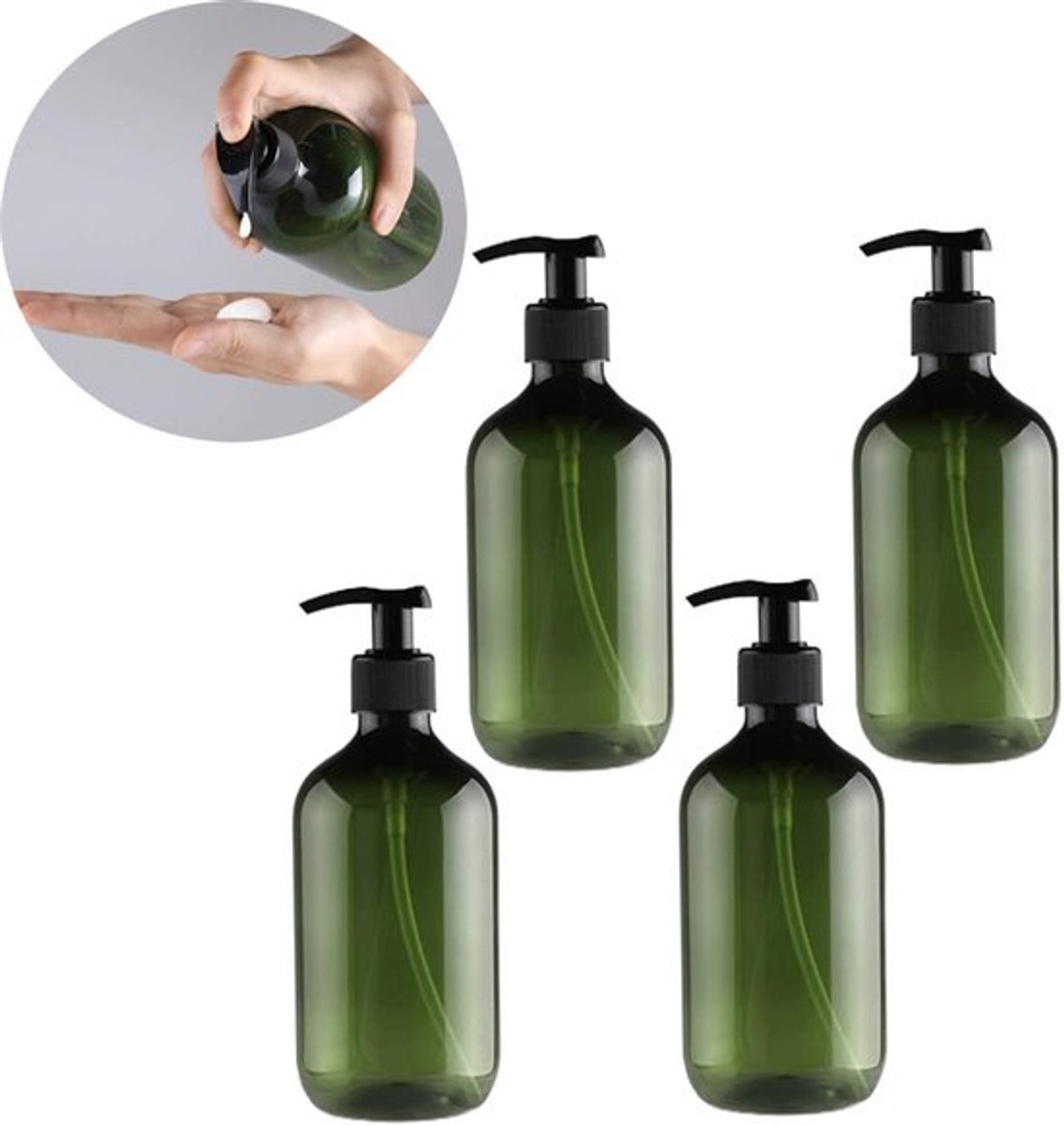 4 stuks - Zeepdispenser - 500 ml - Lotiondispenser - Shampoo Dispensers - Douchegel dispenser - Zeeppompjes Set - Navulbare - dispenser voor toiletartikelen - plastic lotion pompflesje - met lotionpomp - voor keuken, badkamer, toilet, douche - groen