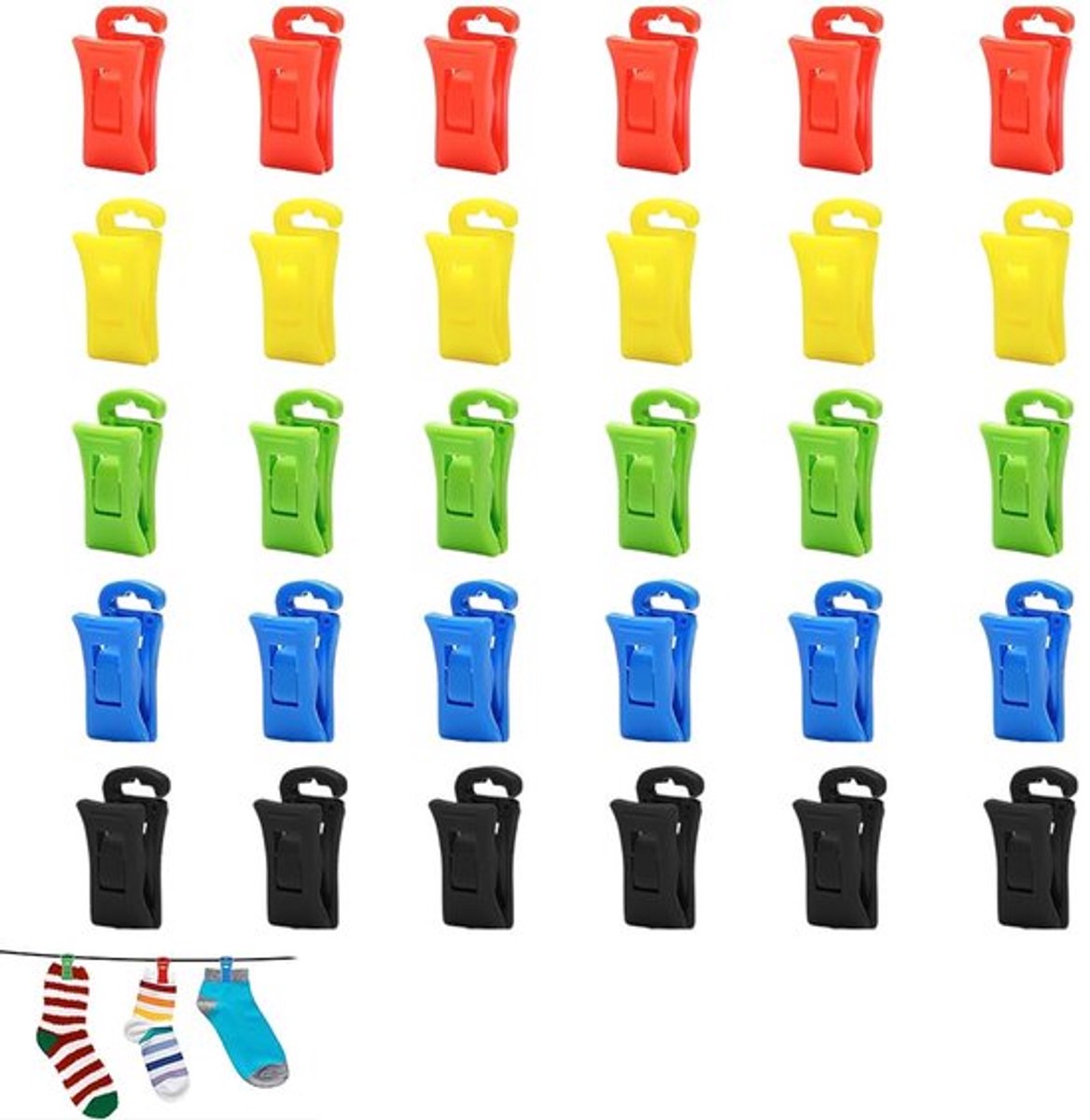 Pack van 30 Sokklips - Kleurige Non-Slip Haakjes voor Wasmachine en Droger