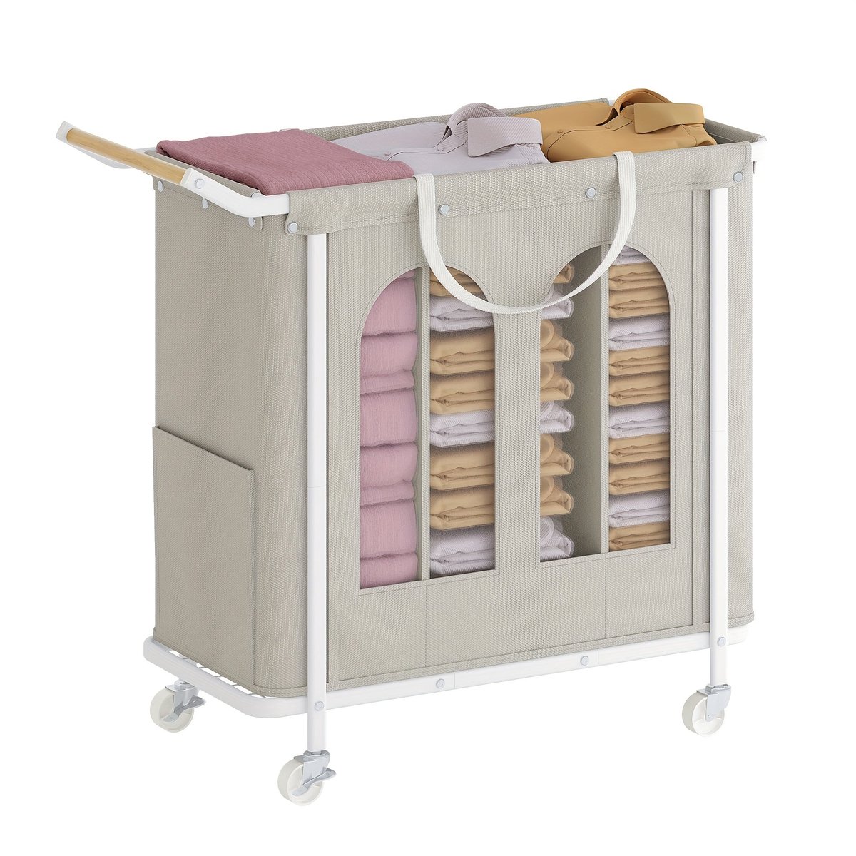 Home & Beyond® Wasmand op Wielen met 3 Vakken en Afneembare Ophangzak - Wassorteerder 185 L - Beige - 90 x 39 x 80 cm