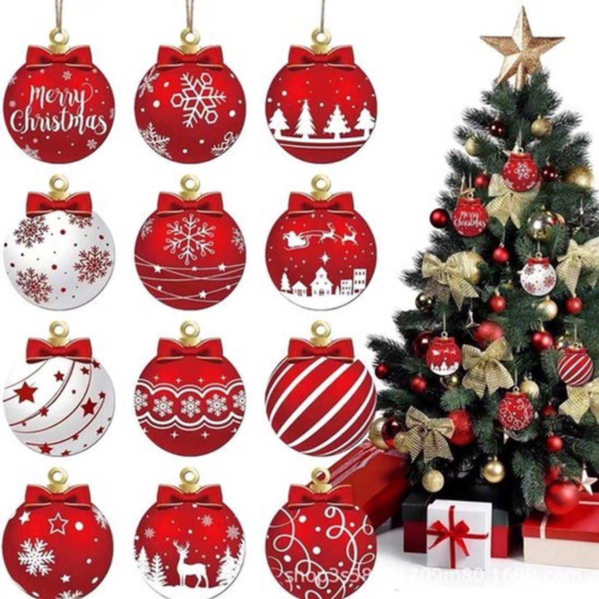 12-delige kerstboom snoepbal, houten pendant set kerstboomdecoratie thuisfeestdecoratie benodigdheden