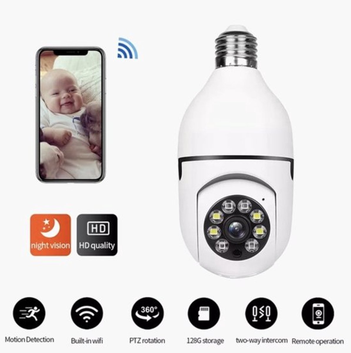 Wi-Fi Panoramacamera - 1080p - 5G - Beveiligingscamera - IP-camera - Camerabewaking - E27 dikke fitting - 2-weg audio - Beweging en geluidsdetectie - Nachtzicht - Draadloos - Huisdiercamera - Cloudopslag en app - Lamp - 360 graden