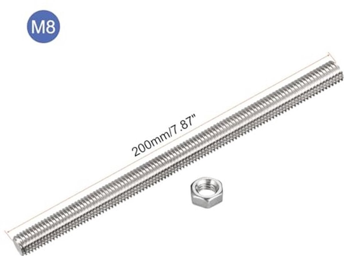 Schroefdraadstang compleet (met 24 zeskantmoeren), schroefdraadschroeven van roestvrij staal [voor montagezekering] - M8 x 200 mm, 1,25 mm schroefdraadspoed / zilver / 24 stuks