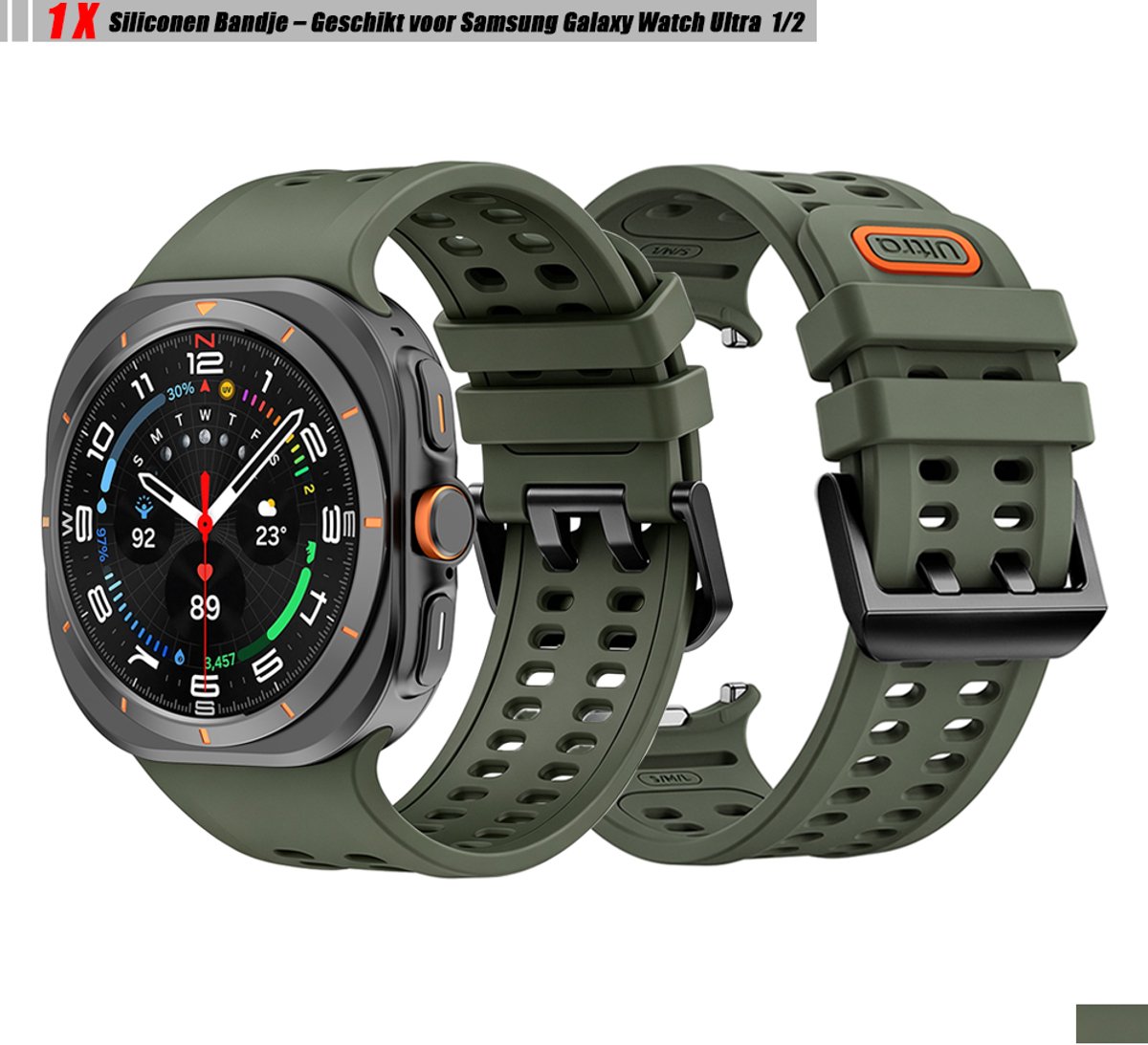 Stravo Zacht Siliconen Bandje – Geschikt voor Samsung Galaxy Watch Ultra 2 47mm (2026) / Ultra 47mm (2024/2025) – Sport Horlogebandje met Dubbele Ventilatiegaten en Gespsluiting – Groen