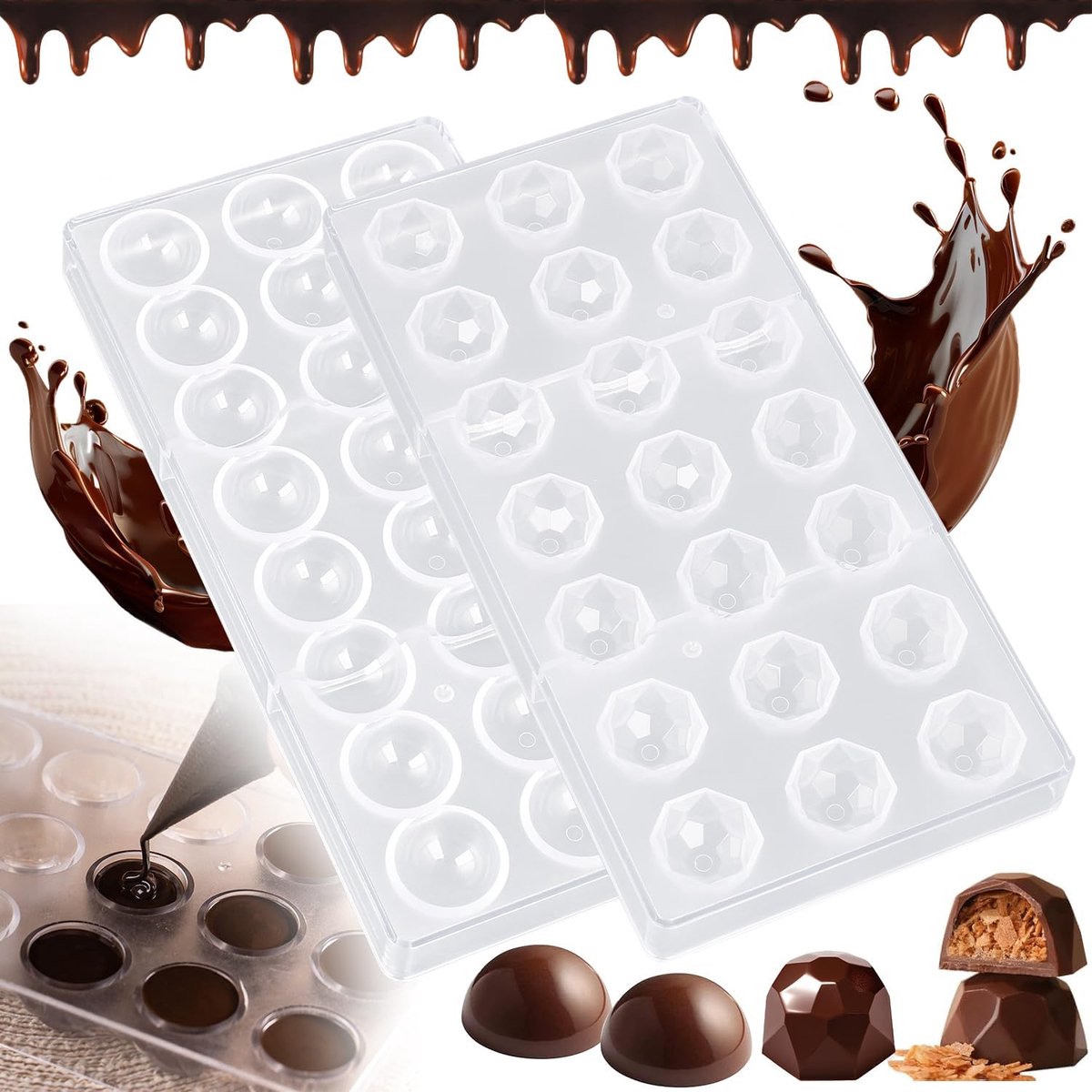 SnelShoppen - 2 stuks bonbonvormen polycarbonaat set, transparante chocoladevorm voor zelf maken van gebak, snoepgoed en bonbons, ideaal voor feest en