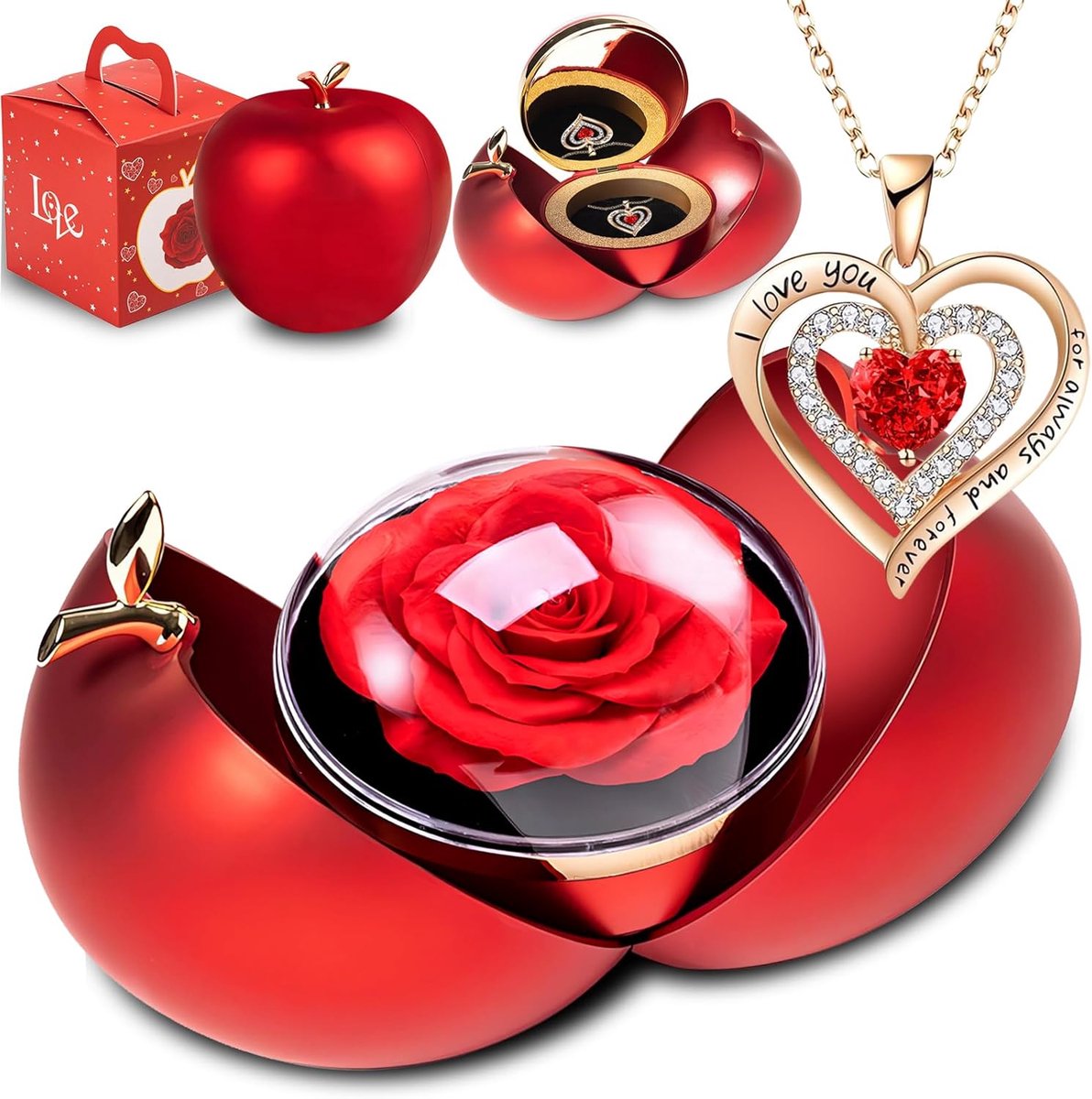 SnelShoppen - Eeuwige Roos met Halsketting, Rode Roos in Luxe Doos, Perfect Cadeau voor Vrouwen, Valentijnsdag, Moederdag, Kerstmis, Duurzame Natuurli