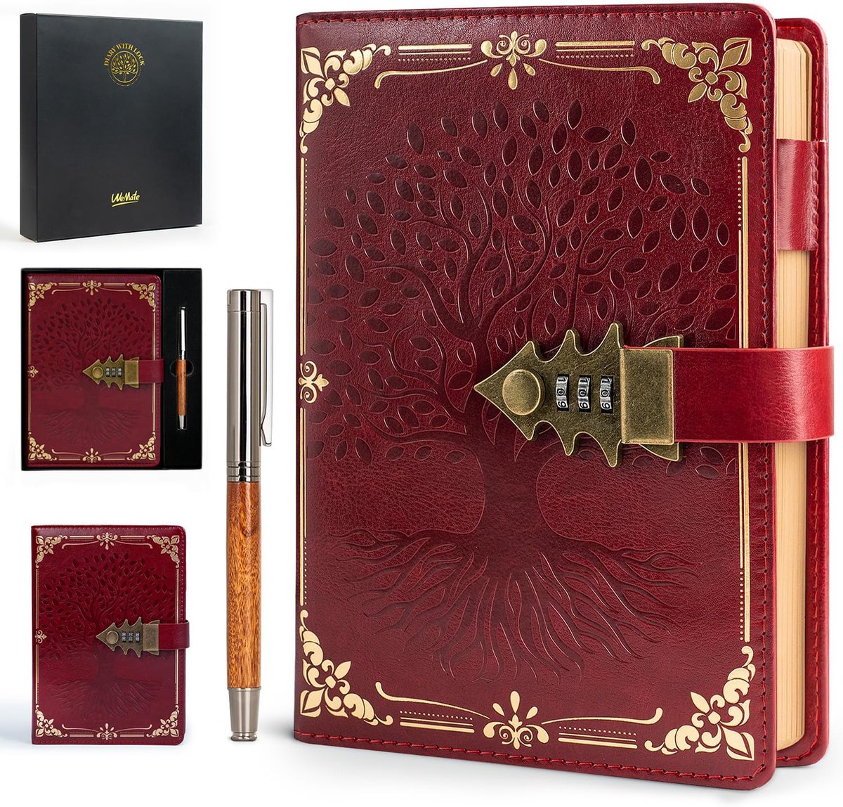 SnelShoppen - Dagboek met slot en geschenkdoos A5, 260 pagina's, navulbaar, hardcover notitieboek met vintage metalen slot, ideaal voor meisjes, manne