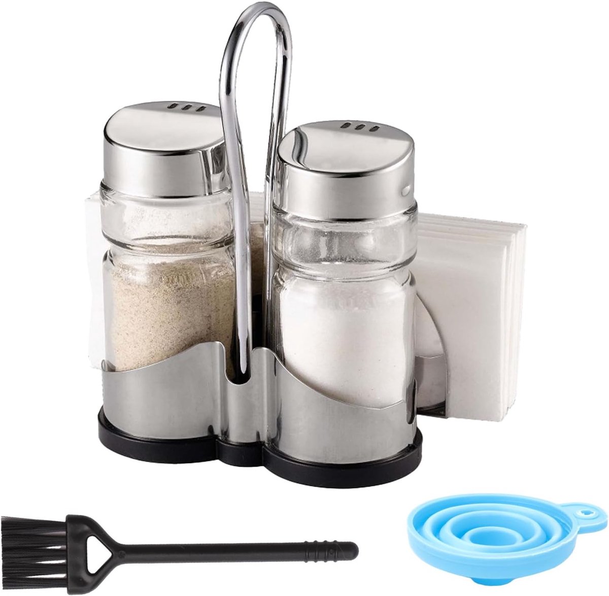 SnelShoppen - 3-in-1 Zout- en Peperstrooierset met Roestvrijstalen Houder en Servettenhouder - Moderne Kruidenstrooier voor Keuken, Restaurant, Feest