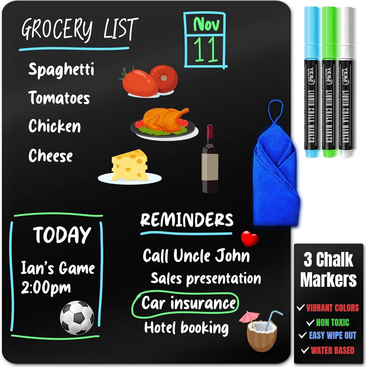 SnelShoppen - Magnetisch Zwart Droog Uitwisbaar Bord voor Koelkast 43x28cm - Vlekbestendig met 3 Neon Krijtstiften en Gum - Ideaal voor Keuken, School