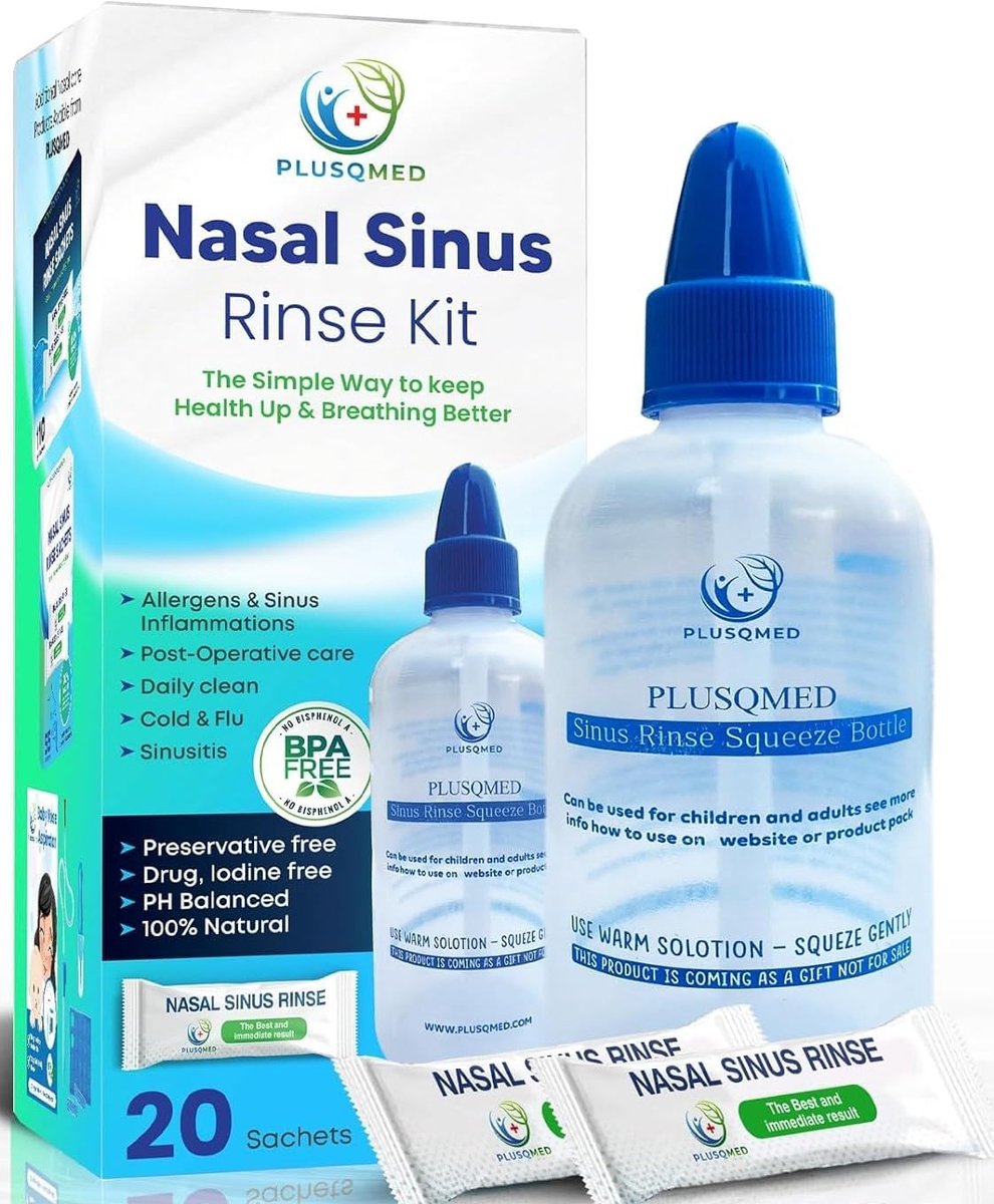 SnelShoppen - Sinus Rinse Kit - Knijpfles + Neti Pot + 20 Zoutzakjes - Nasale Wassing voor Neusreiniging en Sinus Spoelen voor Volwassenen en Kinderen