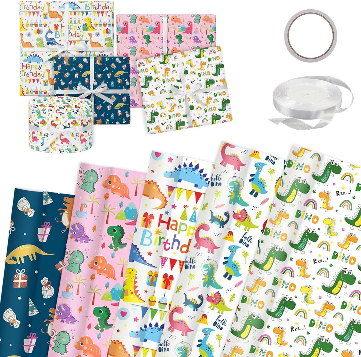 SnelShoppen - 5 Vellen Dino-Cadeaupapier 70x50 cm - Verjaardag, Feestdecoratie, Gecoat Papier, Inclusief Dubbelzijdig Plakband en Cadeaulint
