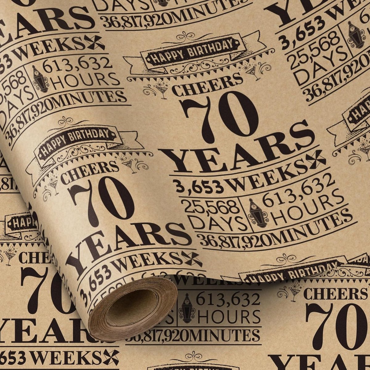 SnelShoppen - Verjaardag Inpakpapier Rol Zwart 70 Jaar Kraftpapier Cadeaupapier 43,2 cm x 5 m - Elegant Feest Inpakmateriaal voor Mannen en Verjaardag