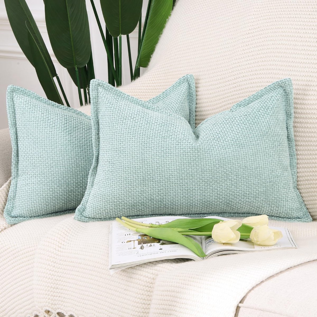 SnelShoppen - Set van 2 Zacht Korte Chenille Fluwelen Franje Kussenslopen 30x50 cm Aqua Groen voor Sofa en Slaapkamer Decoratie