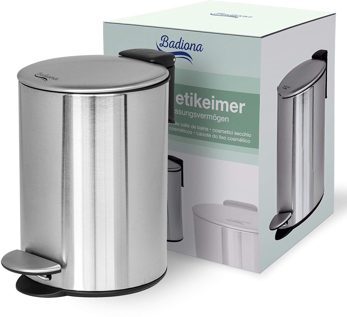 SnelShoppen - Cosmetica-emmer voor badkamer, 3L, roestvrij staal, softclose mechanisme, zilver chroom, stijlvolle vuilnisemmer voor badkameraccessoire