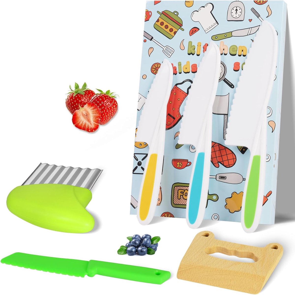 SnelShoppen - 6-delige Kinder Keukenmessen Set - Veilig Kindermes met Houten en Plastic Messen, Aardappelsnijder, Gekarteld Ontwerp voor Groenten, Fru