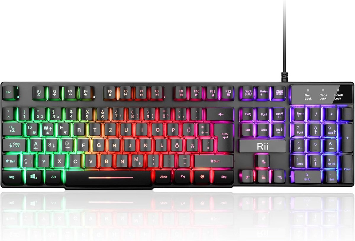 SnelShoppen - Rii Gamingtoetsenbord voor PC, Bekabeld RGB Toetsenbord met LED Regenboog Verlichting, Ideaal voor Gamers en Kantoor, Duitse Lay-out, Ve